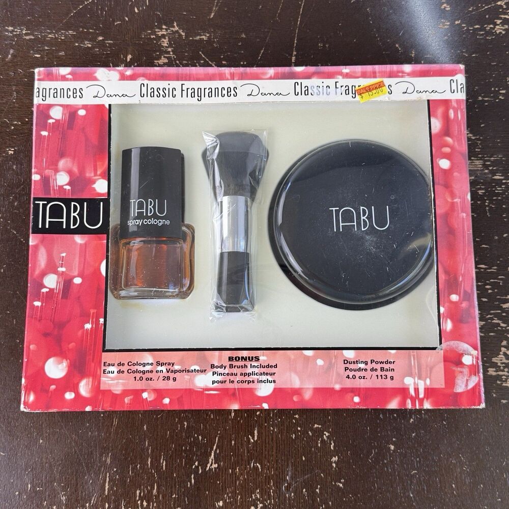 Vintage Dana Tabu Fragrances Gift Set Spray Cologne Dusting Powder Body Brush